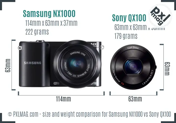 Samsung NX1000 vs Sony QX100 size comparison