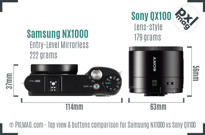 Samsung NX1000 vs Sony QX100 top view buttons comparison