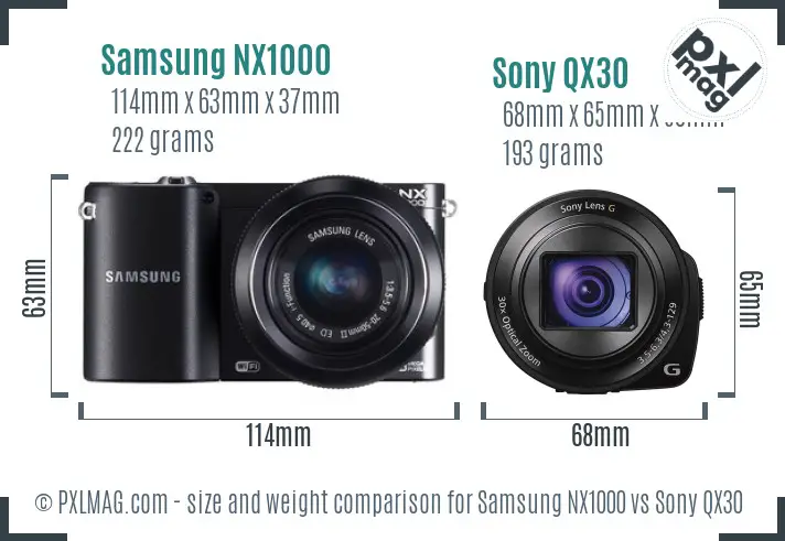 Samsung NX1000 vs Sony QX30 size comparison