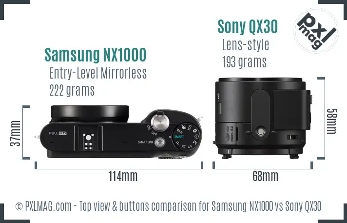 Samsung NX1000 vs Sony QX30 top view buttons comparison
