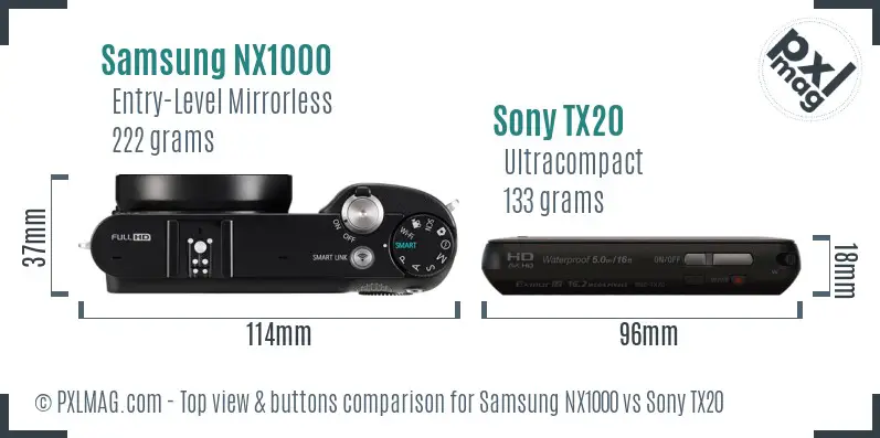 Samsung NX1000 vs Sony TX20 top view buttons comparison