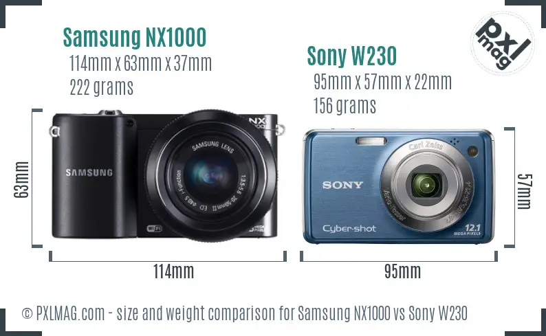 Samsung NX1000 vs Sony W230 size comparison