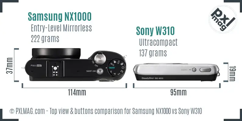 Samsung NX1000 vs Sony W310 top view buttons comparison