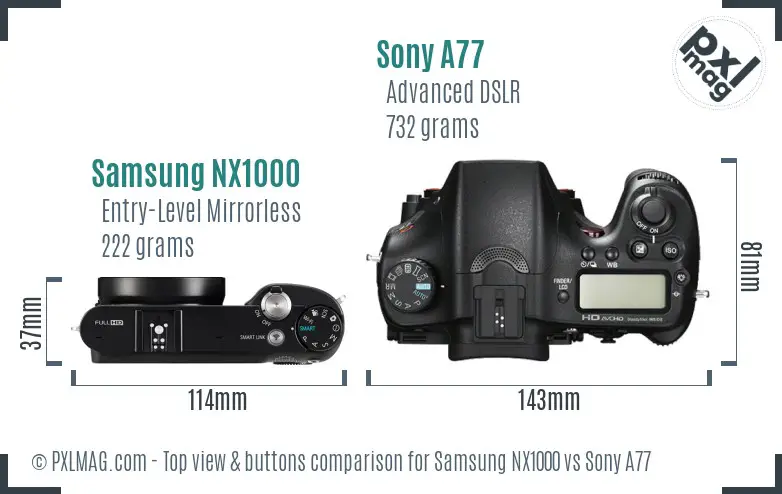 Samsung NX1000 vs Sony A77 top view buttons comparison