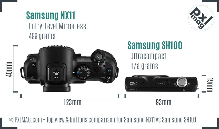 Samsung NX11 vs Samsung SH100 top view buttons comparison