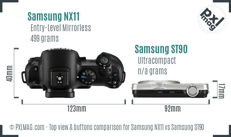 Samsung NX11 vs Samsung ST90 top view buttons comparison Samsung NX11 vs Samsung ST90 top view buttons comparison