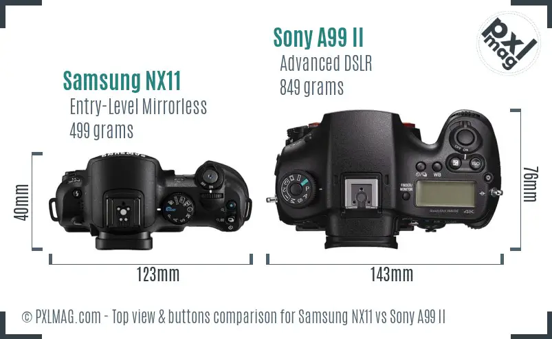 Samsung NX11 vs Sony A99 II top view buttons comparison