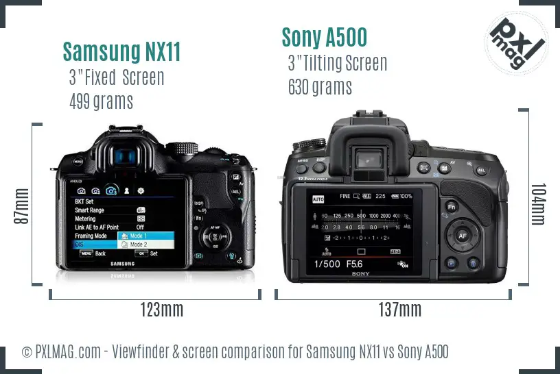 Samsung NX11 vs Sony A500 Screen and Viewfinder comparison