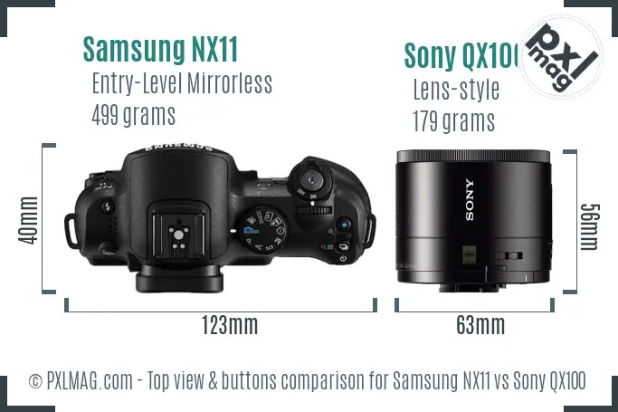 Samsung NX11 vs Sony QX100 top view buttons comparison