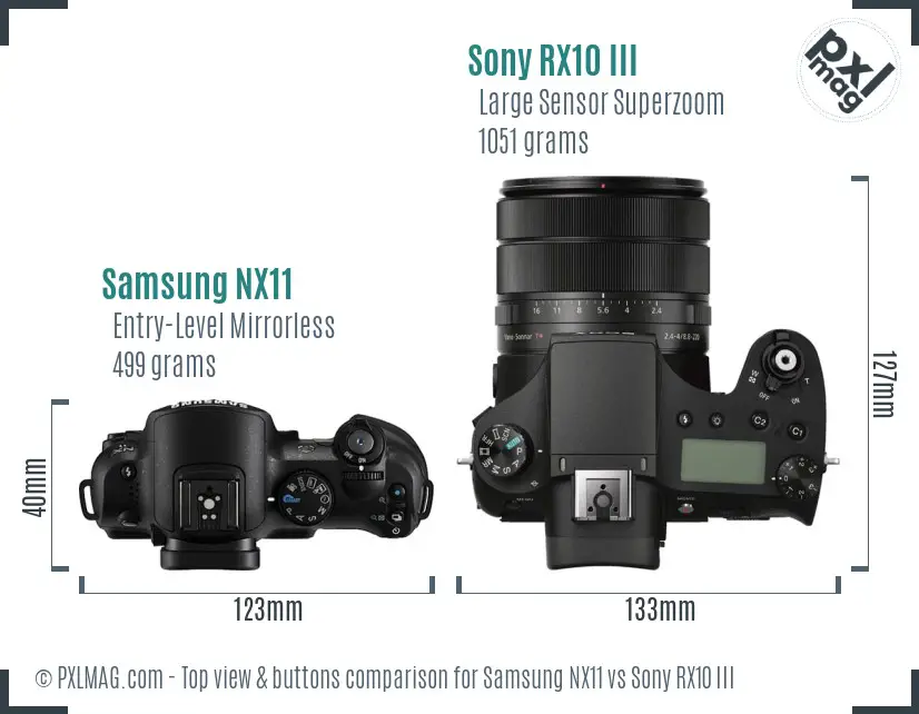 Samsung NX11 vs Sony RX10 III top view buttons comparison Samsung NX11 vs Sony RX10 III top view buttons comparison