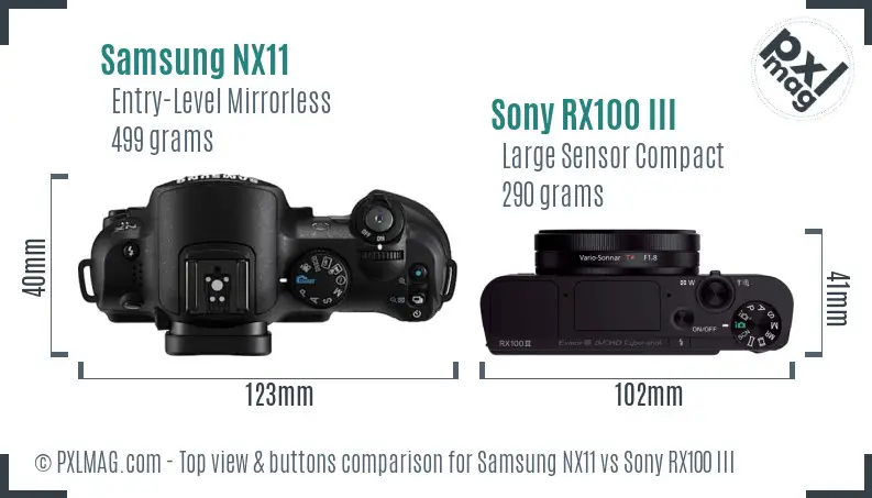Samsung NX11 vs Sony RX100 III top view buttons comparison Samsung NX11 vs Sony RX100 III top view buttons comparison