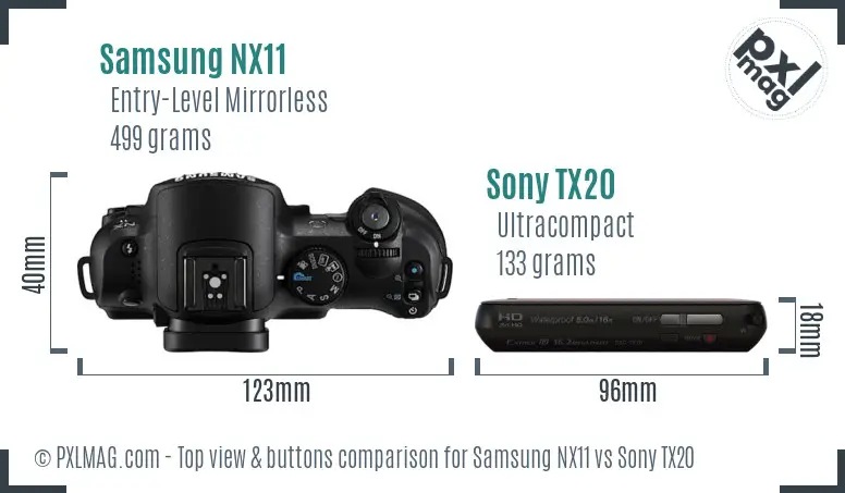 Samsung NX11 vs Sony TX20 top view buttons comparison