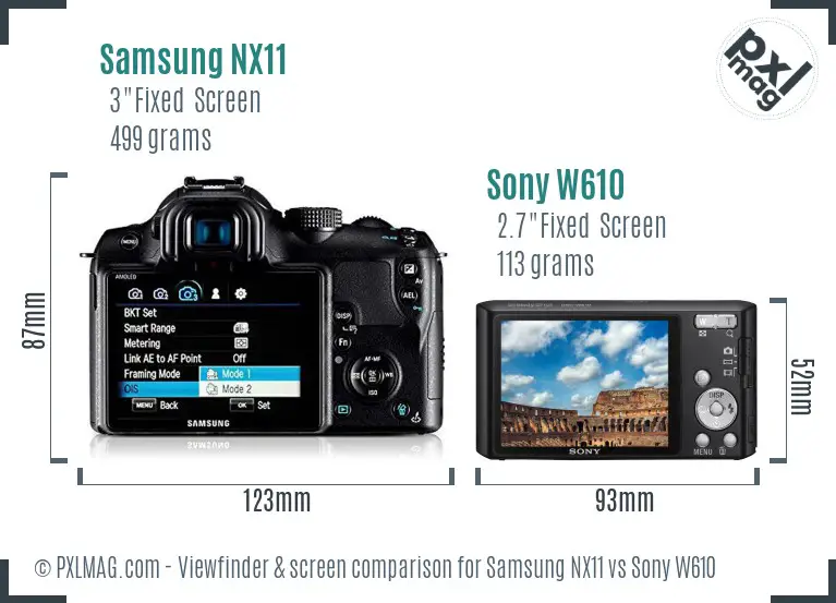 Samsung NX11 vs Sony W610 Screen and Viewfinder comparison