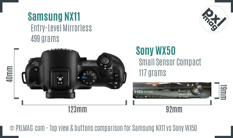 Samsung NX11 vs Sony WX50 top view buttons comparison