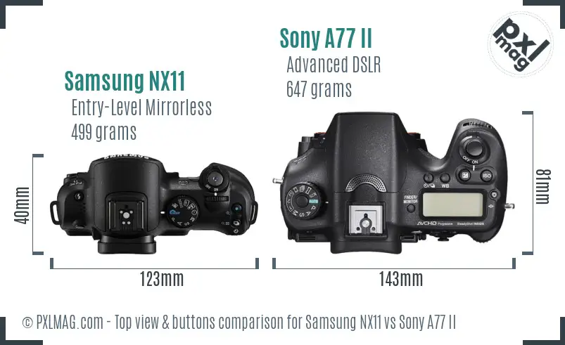 Samsung NX11 vs Sony A77 II top view buttons comparison