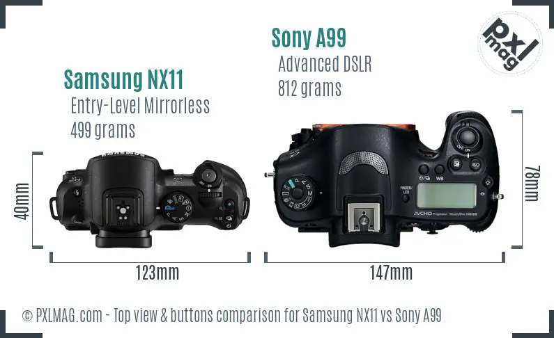 Samsung NX11 vs Sony A99 top view buttons comparison