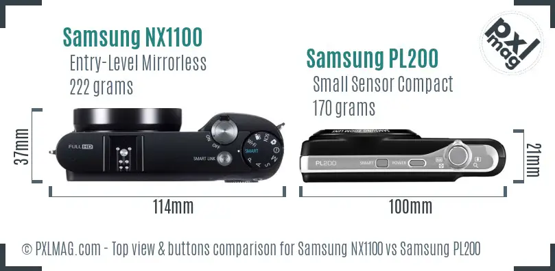 Samsung NX1100 vs Samsung PL200 top view buttons comparison