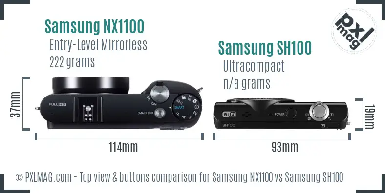 Samsung NX1100 vs Samsung SH100 top view buttons comparison