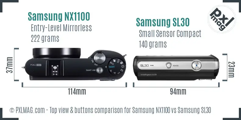 Samsung NX1100 vs Samsung SL30 top view buttons comparison