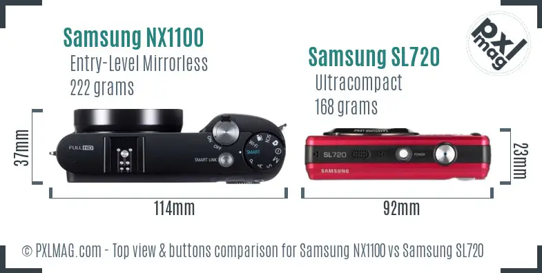 Samsung NX1100 vs Samsung SL720 top view buttons comparison Samsung NX1100 vs Samsung SL720 top view buttons comparison