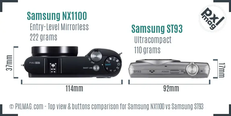 Samsung NX1100 vs Samsung ST93 top view buttons comparison Samsung NX1100 vs Samsung ST93 top view buttons comparison