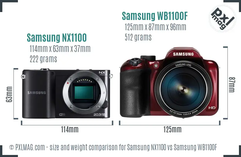 Samsung NX1100 vs Samsung WB1100F size comparison