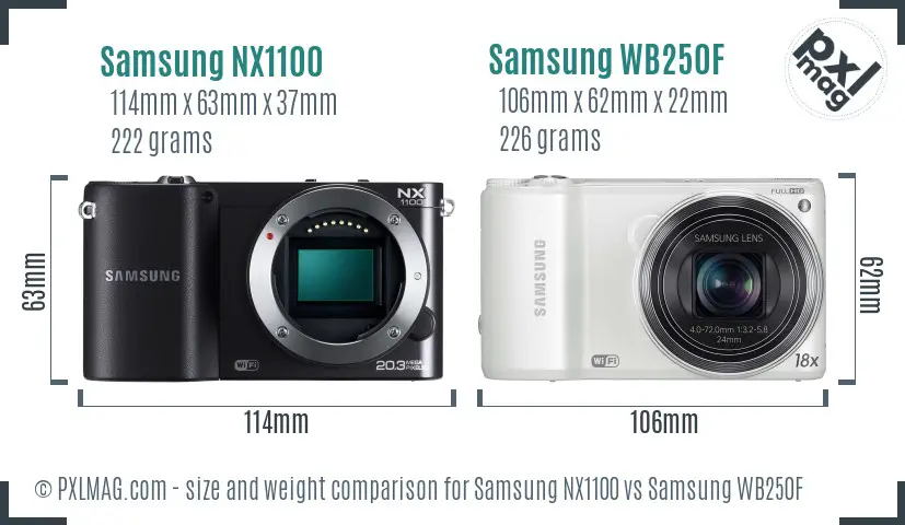 Samsung NX1100 vs Samsung WB250F size comparison