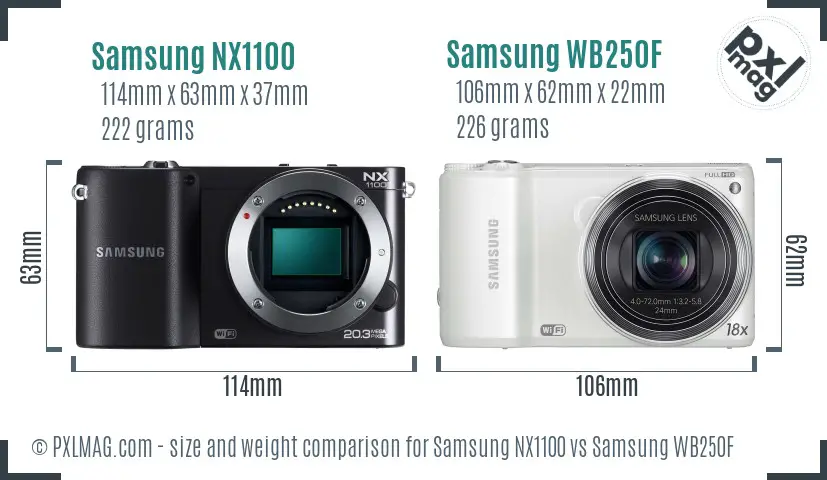Samsung NX1100 vs Samsung WB250F size comparison Samsung NX1100 vs Samsung WB250F size comparison