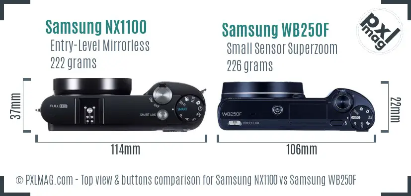 Samsung NX1100 vs Samsung WB250F top view buttons comparison Samsung NX1100 vs Samsung WB250F top view buttons comparison