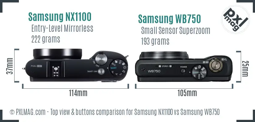 Samsung NX1100 vs Samsung WB750 top view buttons comparison