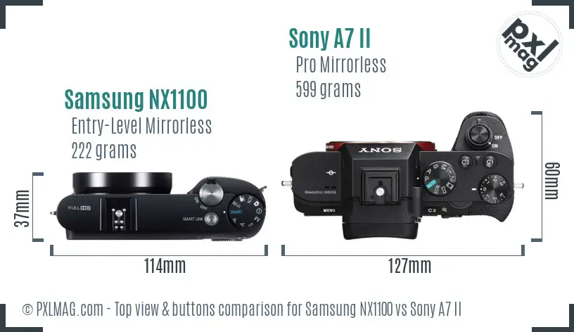 Samsung NX1100 vs Sony A7 II top view buttons comparison