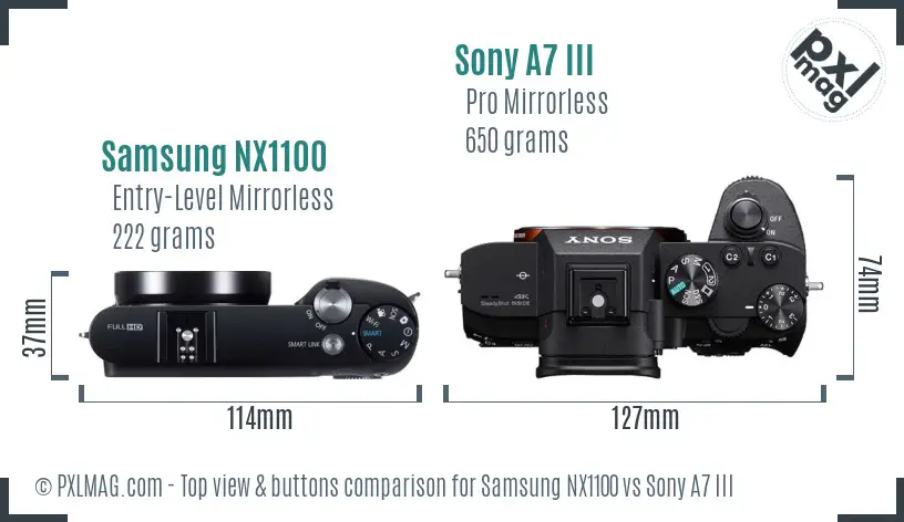 Samsung NX1100 vs Sony A7 III top view buttons comparison