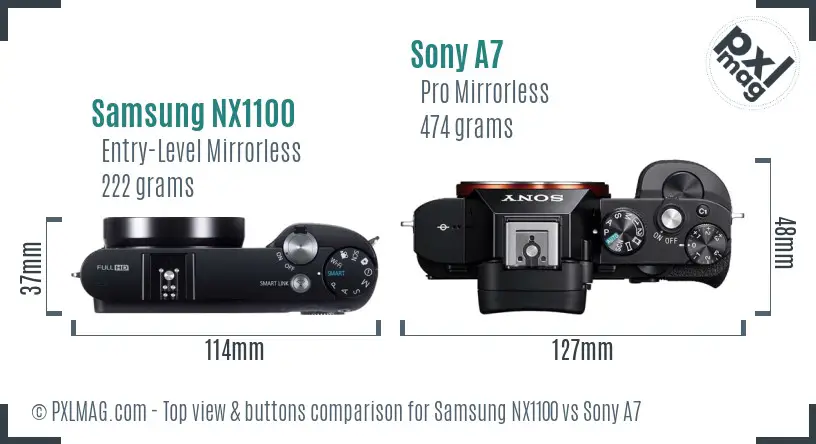 Samsung NX1100 vs Sony A7 top view buttons comparison