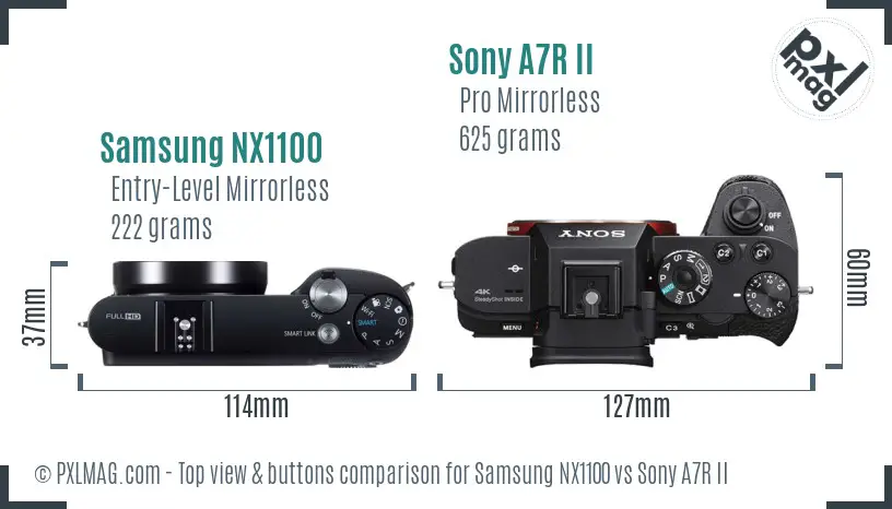 Samsung NX1100 vs Sony A7R II top view buttons comparison