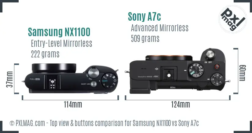 Samsung NX1100 vs Sony A7c top view buttons comparison