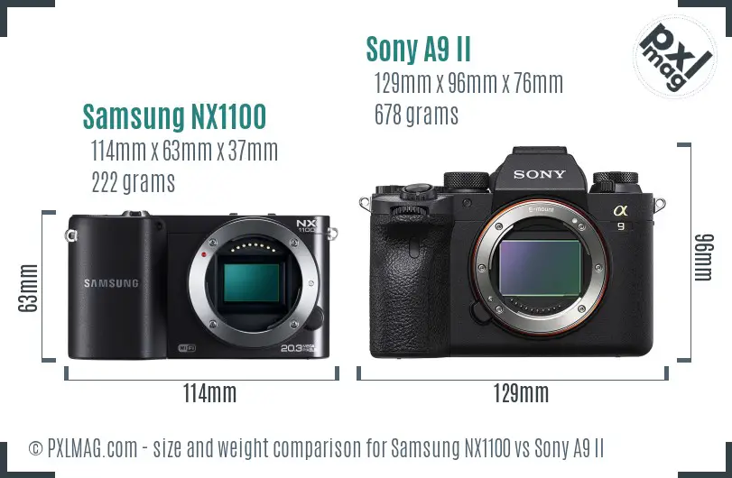 Samsung NX1100 vs Sony A9 II size comparison