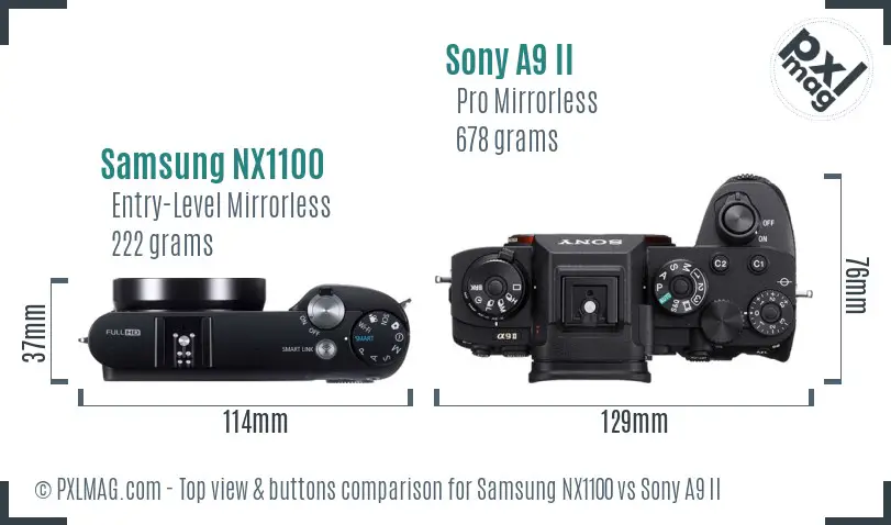 Samsung NX1100 vs Sony A9 II top view buttons comparison