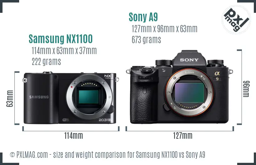 Samsung NX1100 vs Sony A9 size comparison