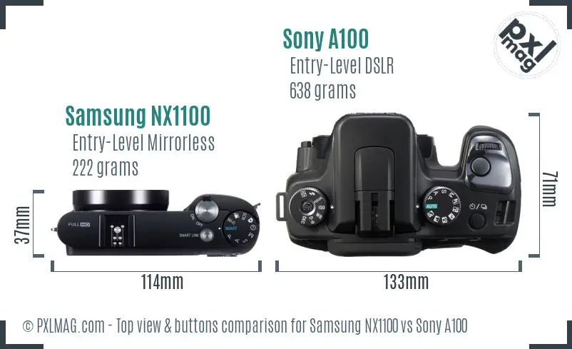 Samsung NX1100 vs Sony A100 top view buttons comparison