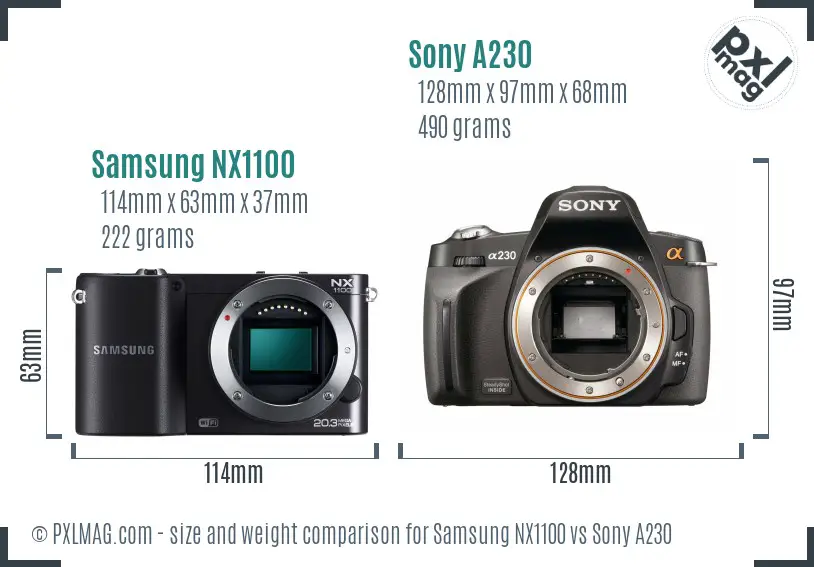 Samsung NX1100 vs Sony A230 size comparison