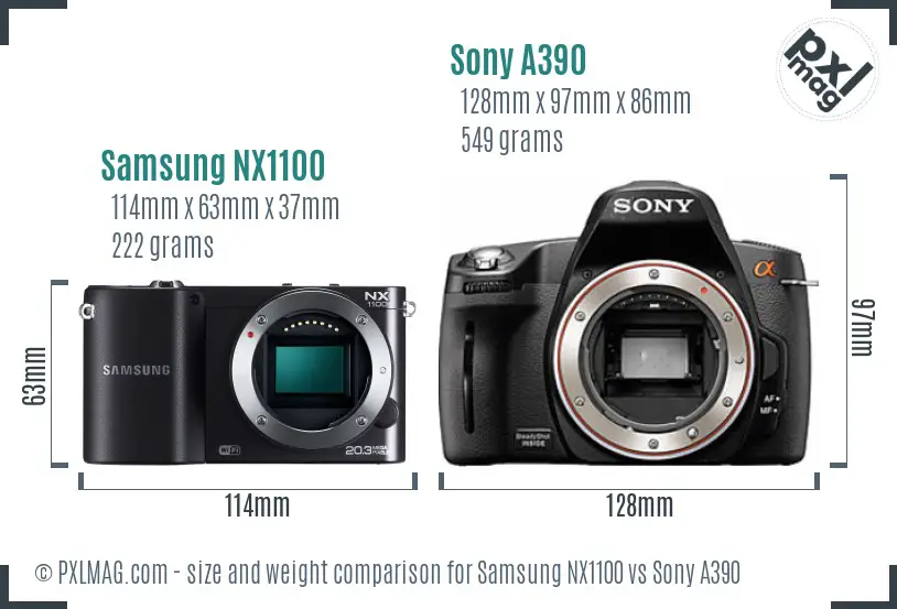 Samsung NX1100 vs Sony A390 size comparison