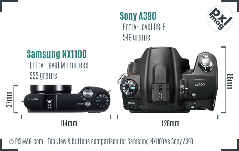 Samsung NX1100 vs Sony A390 top view buttons comparison