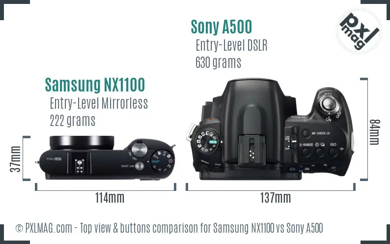 Samsung NX1100 vs Sony A500 top view buttons comparison