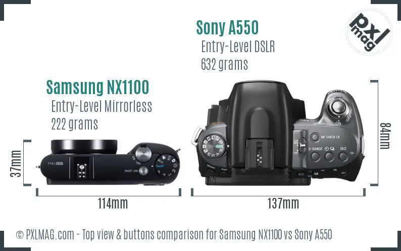Samsung NX1100 vs Sony A550 top view buttons comparison
