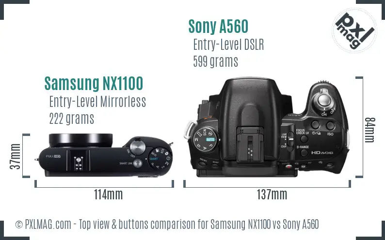 Samsung NX1100 vs Sony A560 top view buttons comparison