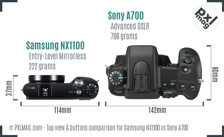 Samsung NX1100 vs Sony A700 top view buttons comparison