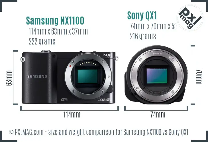 Samsung NX1100 vs Sony QX1 size comparison