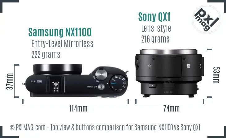 Samsung NX1100 vs Sony QX1 top view buttons comparison