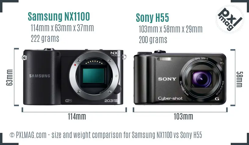 Samsung NX1100 vs Sony H55 size comparison