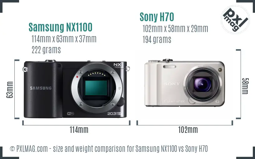 Samsung NX1100 vs Sony H70 size comparison